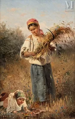 Vladimir Egorovitch MAKOVSKI (Moscou 1846 - 1920 Saint-Pétersbourg) — Paysanne à la gerbe de blé et son enfant