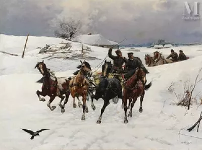 Bohdan von KLECZYNSKI (1851 - 1916) — Attelages dans un paysage enneigé