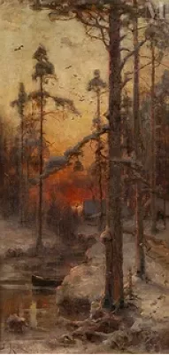 Julius von KLEVER (Tartu1850 - Saint Pétersbourg 1924) — Paysage enneigé au coucher du soleil