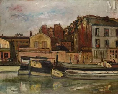 Abraham MINTCHINE (Kiev 1898- paris 1931) — Les péniches au canal Saint Martin