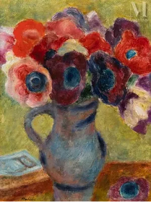 Józef PANKIEWICZ (1866 Lublin, Pologne – 1940 La Ciotat) — Anémones dans un vase