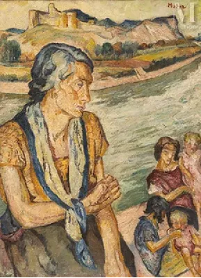 Mela MUTER (Varsovie 1876 - Paris 1967) — Femme et enfants sur l'île de la Barthelasse et vue sur le Fort Saint-André de Villeneuve-lez-Avignon