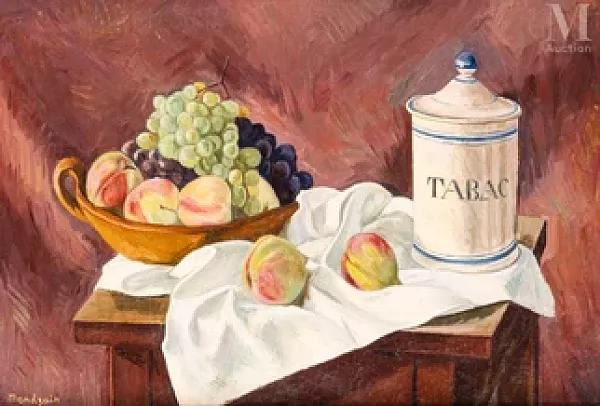 Nature morte au pot à tabac et aux pêches