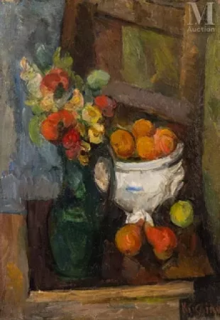 Nature morte à la coupe de fruits et aux fleurs