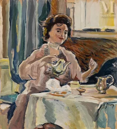 Femme à l’heure du thé (recto) / Promeneurs sur la place (verso)