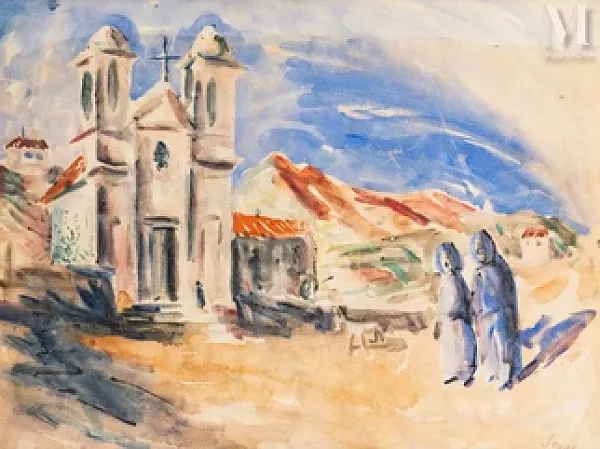 Paysage de Corse / personnage devant l’église en Corse
