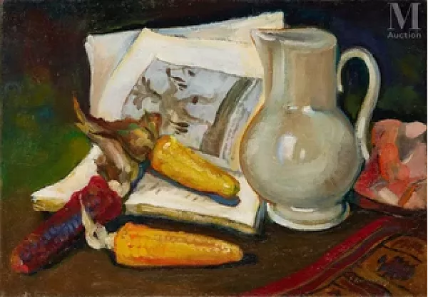 Nature morte aux épis de maïs et livres
