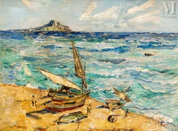 Plage d'Altea avec vue sur le rocher de Blanca, Espagne, Circa 1934-1935