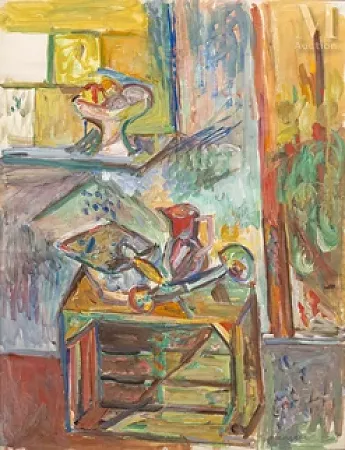 Palette et objets dans l'atelier de l'artiste
