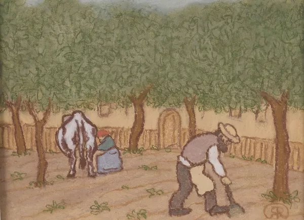 Travail au jardin, la traite de la vache