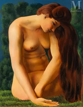 Moïse KISLING (Cracovie 1891 - Sanary sur Mer 1953) — Nu assis sur l’herbe