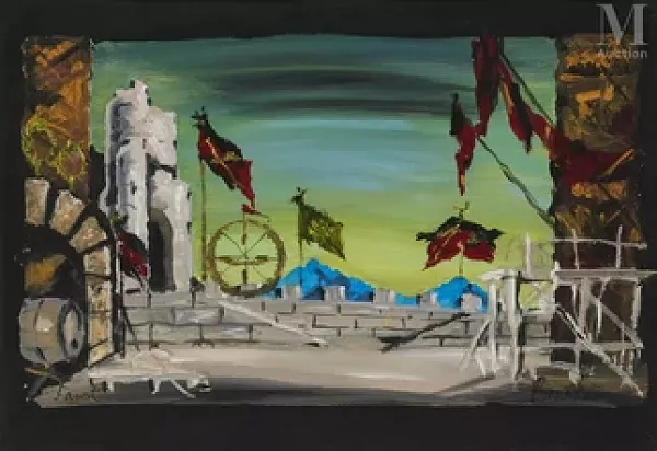 Projet de décor de théâtre pour l’opera « Faust », musique de Gounod, 1e acte, 2e tab. Opéra d’Amsterdam 25 décembre 1955