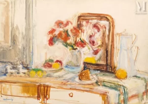 Fruits et fleurs sur la table dans l'atelier de l'artiste