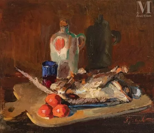 Nature-morte au pot et au verre bleu