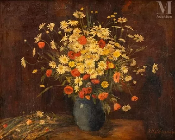 Nature morte au bouquet (Blue vase with poppies and daisies)