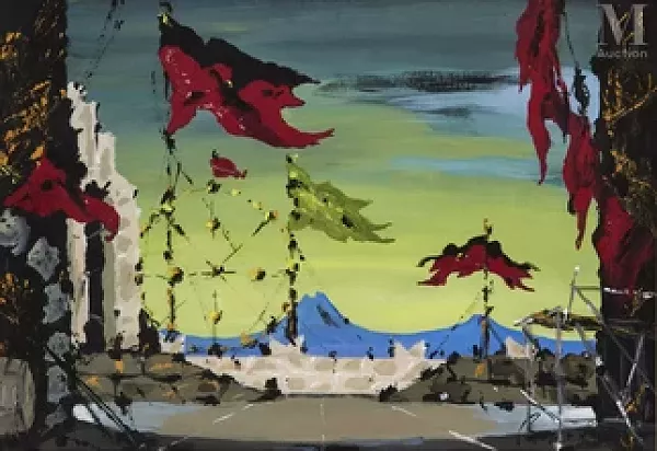 Projet de décor de théâtre pour l’opera « Faust », musique de Gounod, 1e acte, 2e tab. Opéra d’Amsterdam 25 décembre 1955