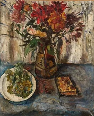 Composition au bouquet de fleurs et aux raisins