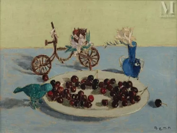 Assiette de cerises et bicyclette