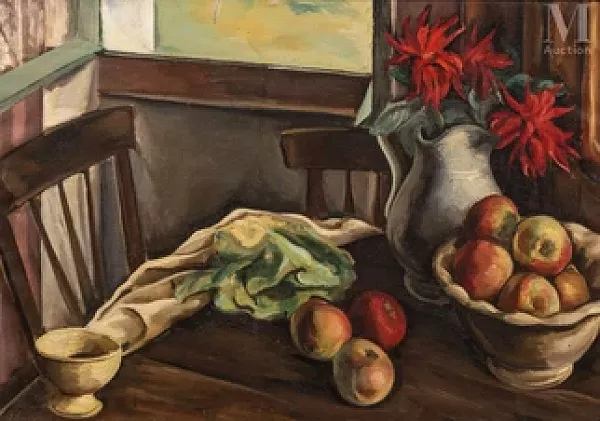 Composition aux pommes et au bouquet de dahlias