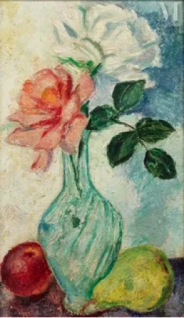 Deux roses, une pêche, une poire