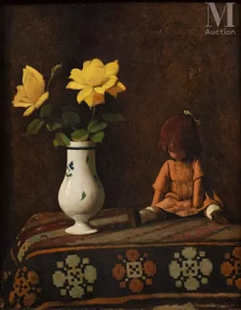Composition aux roses et à la poupée