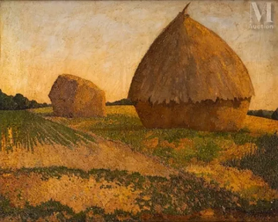 Meules, effets de lumière (Ploughed fields with two haystacks)