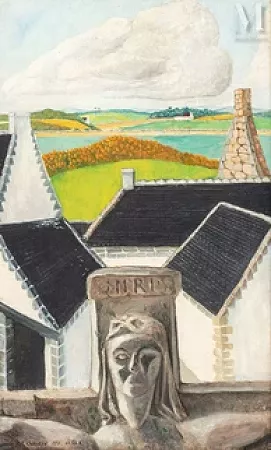 Paysage breton au Calvaire en pierre sculptée