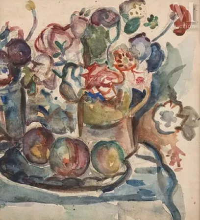 Composition au bouquet de fleurs et fruits