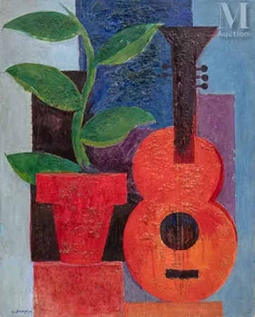 Nature Morte à la guitare et pot de fleur
