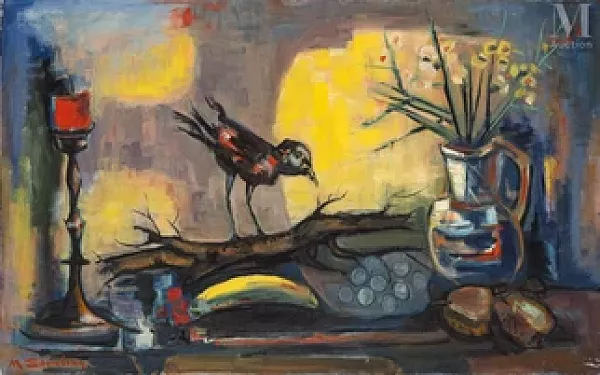Nature morte au bouquet de fleurs et corneille