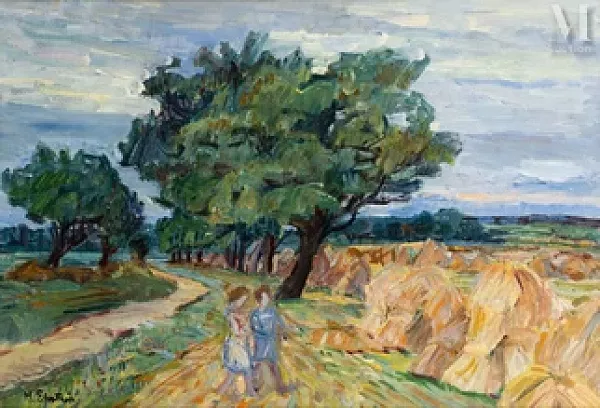 Promenade près des meules de foin