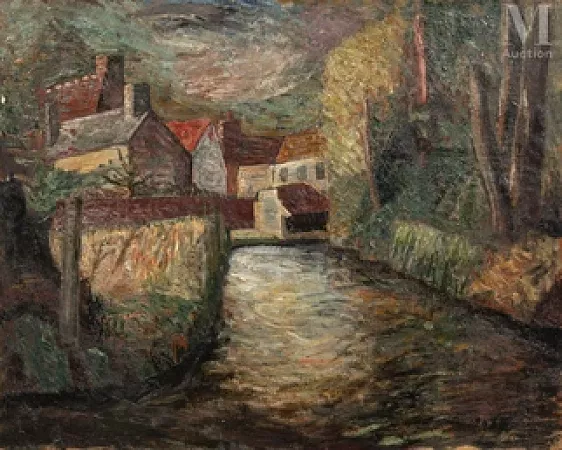 Maisons et arbres près de la rivière, circa 1926