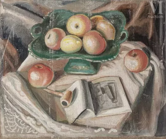 Nature morte à l'assiette de fruits, livre et pipe