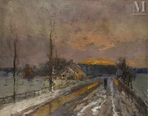 Coucher de soleil sur la route enneigée