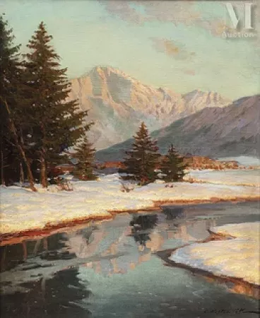 Coucher de soleil dans la vallée enneigée