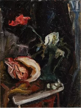 Nature morte à la langoustine et aux fleurs