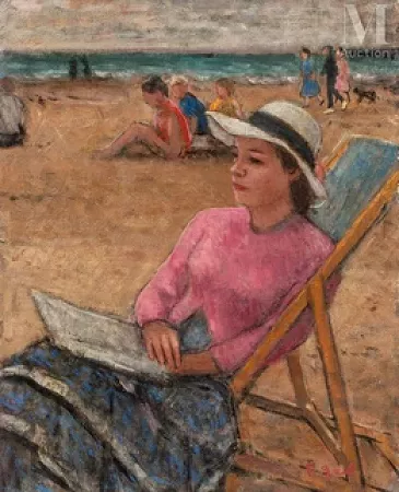 Eugénie, lecture au transat, plage de Cabourg, Circa 1976-77