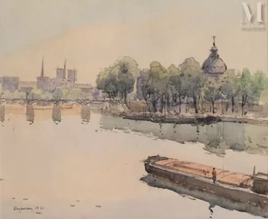 Péniche sur la Seine, le pont des Arts et l’Institut de France, Paris