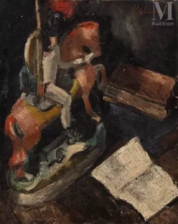 Nature morte aux livres et à la figurine équestre
