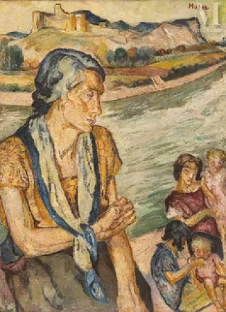 Femme et enfants sur l'île de la Barthelasse et vue sur le Fort Saint-André de Villeneuve-lez-Avignon