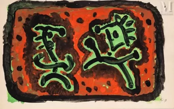Deux personnages sur fond vert et rouge